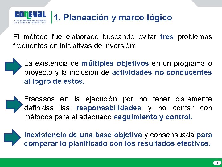 1. Planeación y marco lógico El método fue elaborado buscando evitar tres problemas frecuentes