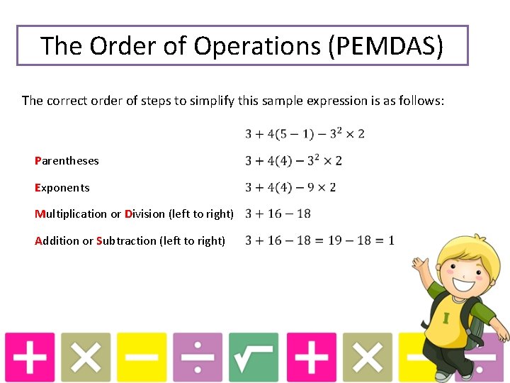 The Order of Operations (PEMDAS) The correct order of steps to simplify this sample