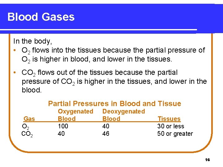 Blood Gases In the body, • O 2 flows into the tissues because the