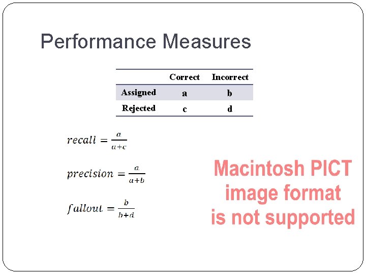 Performance Measures Correct Incorrect Assigned a b Rejected c d Performance Measures Correct Incorrect Assigned a b Rejected c d