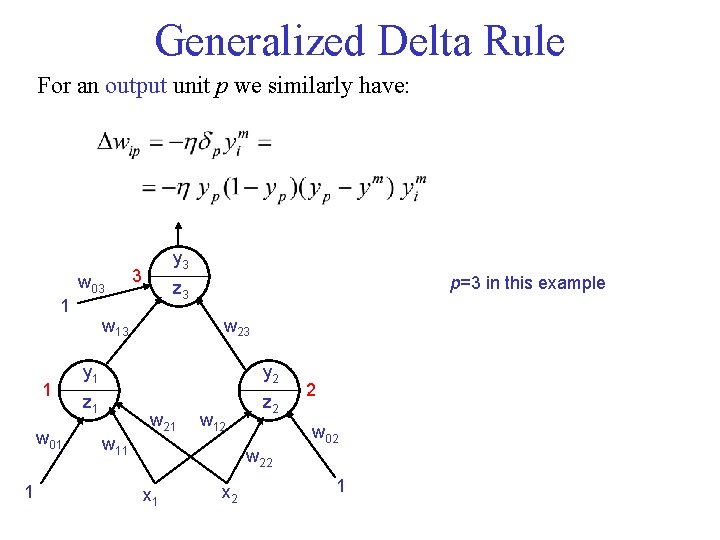 Generalized Delta Rule For an output unit p we similarly have: w 03 1