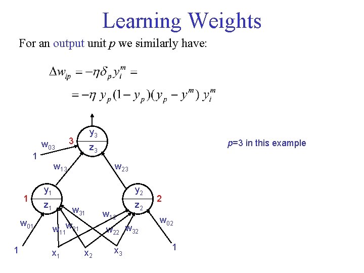 Learning Weights For an output unit p we similarly have: w 03 1 1