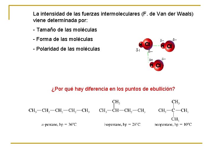 La intensidad de las fuerzas intermoleculares (F. de Van der Waals) viene determinada por: