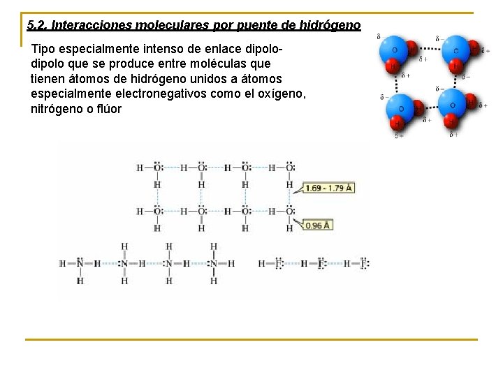 5. 2. Interacciones moleculares por puente de hidrógeno Tipo especialmente intenso de enlace dipolo