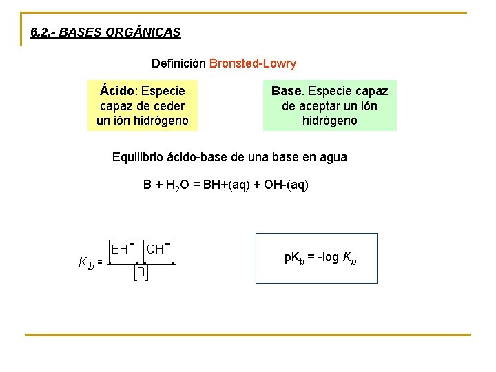 6. 2. - BASES ORGÁNICAS Definición Bronsted-Lowry Ácido: Especie capaz de ceder un ión