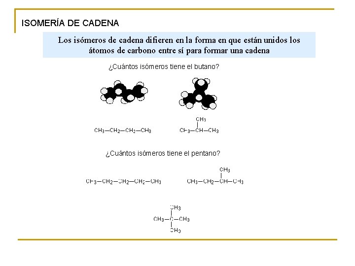 ISOMERÍA DE CADENA Los isómeros de cadena difieren en la forma en que están