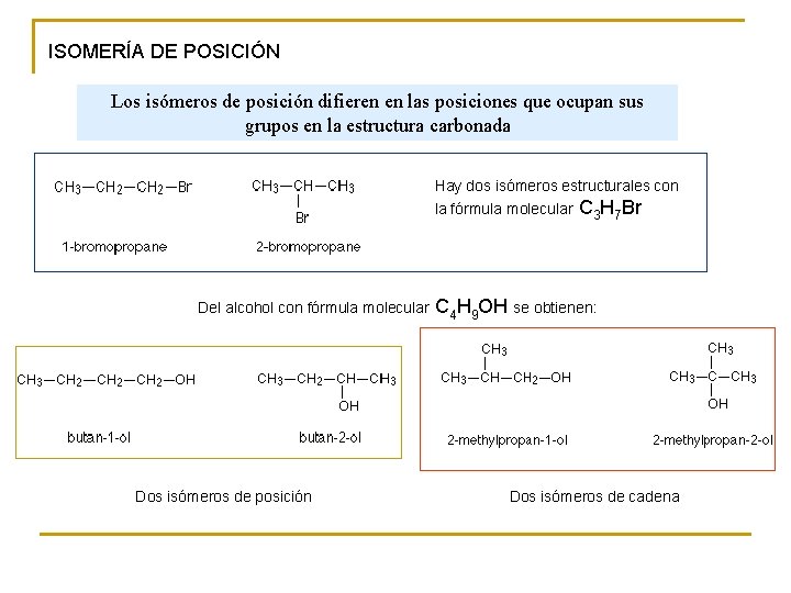 ISOMERÍA DE POSICIÓN Los isómeros de posición difieren en las posiciones que ocupan sus