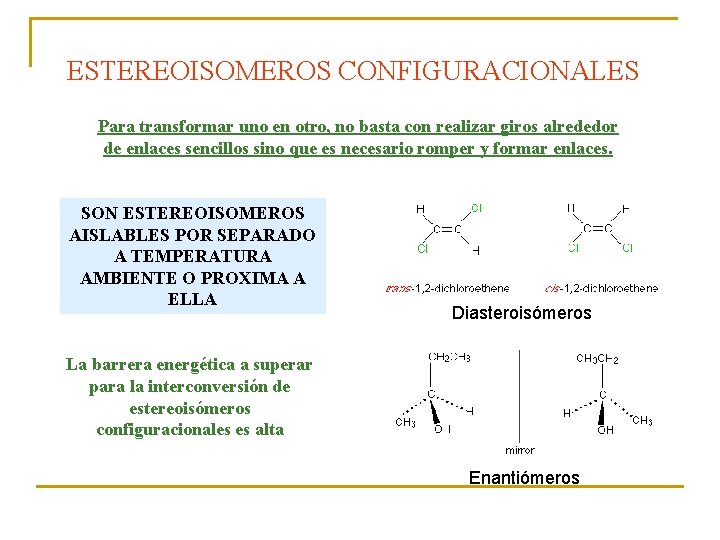 ESTEREOISOMEROS CONFIGURACIONALES Para transformar uno en otro, no basta con realizar giros alrededor de