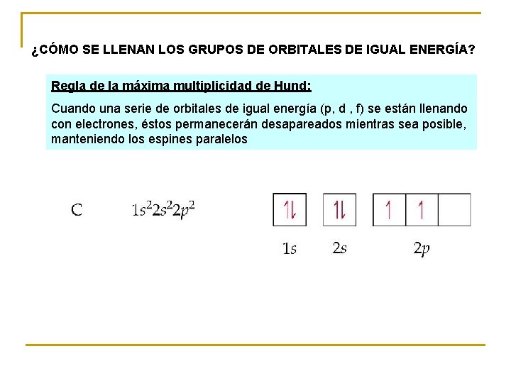 ¿CÓMO SE LLENAN LOS GRUPOS DE ORBITALES DE IGUAL ENERGÍA? Regla de la máxima