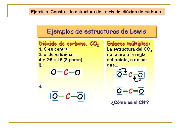 Ejercicio: Construir la estructura de Lewis del dióxido de carbono 