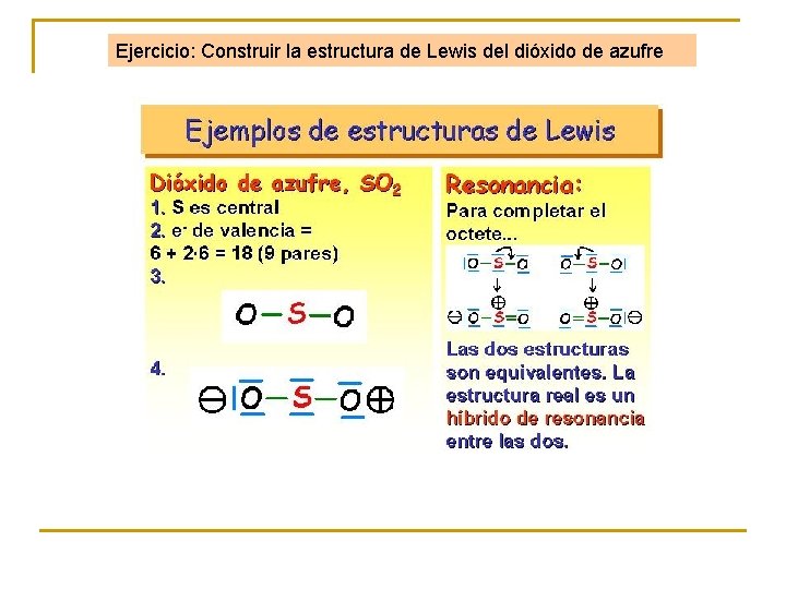 Ejercicio: Construir la estructura de Lewis del dióxido de azufre 