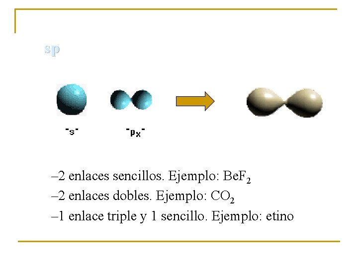 sp – 2 enlaces sencillos. Ejemplo: Be. F 2 – 2 enlaces dobles. Ejemplo: