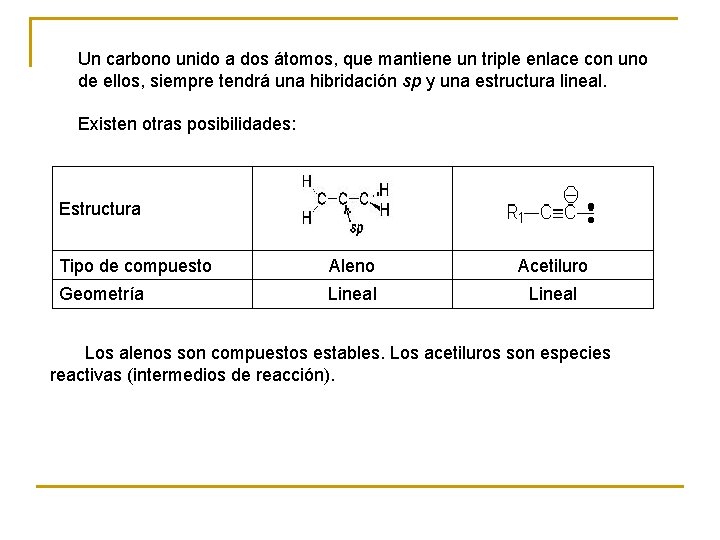 Un carbono unido a dos átomos, que mantiene un triple enlace con uno de