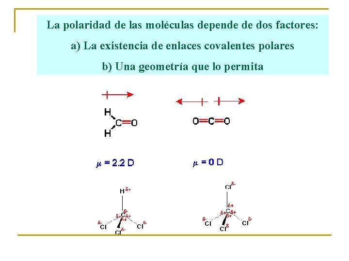 La polaridad de las moléculas depende de dos factores: a) La existencia de enlaces