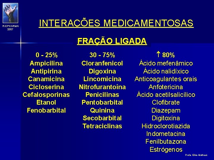 RIOPHARMA 2007 INTERAÇÕES MEDICAMENTOSAS FRAÇÃO LIGADA 0 - 25% Ampicilina Antipirina Canamicina Cicloserina Cefalosporinas