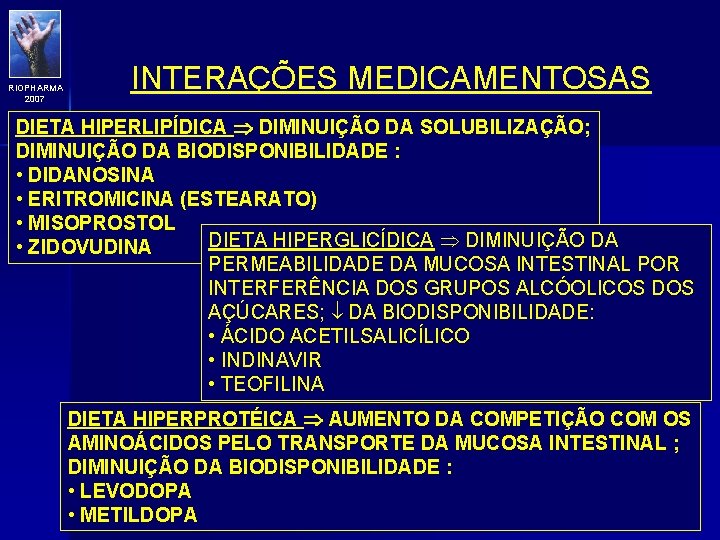 RIOPHARMA 2007 INTERAÇÕES MEDICAMENTOSAS DIETA HIPERLIPÍDICA DIMINUIÇÃO DA SOLUBILIZAÇÃO; DIMINUIÇÃO DA BIODISPONIBILIDADE : •