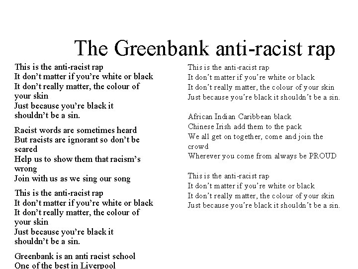 The Greenbank anti-racist rap This is the anti-racist rap It don’t matter if you’re