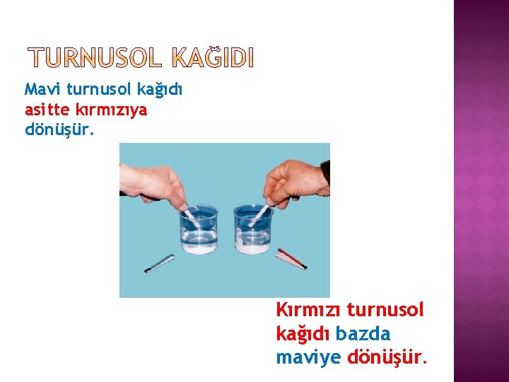 Mavi turnusol kağıdı asitte kırmızıya dönüşür. Kırmızı turnusol kağıdı bazda maviye dönüşür. 