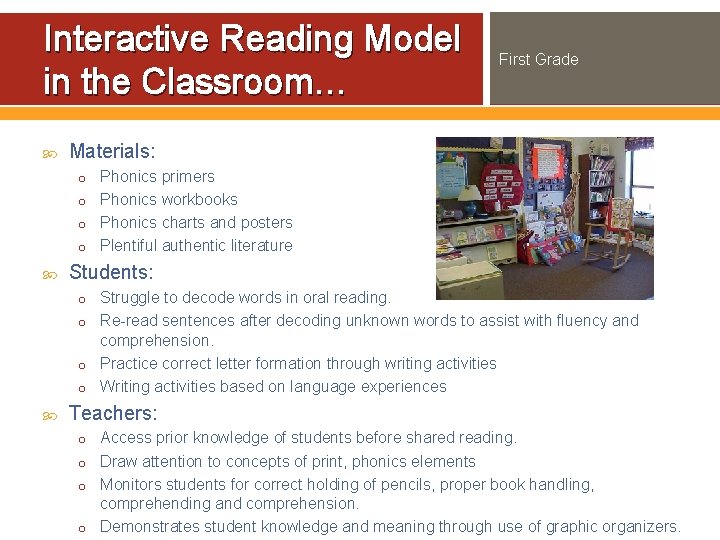 Interactive Reading Model in the Classroom… First Grade Materials: o Phonics primers o Phonics