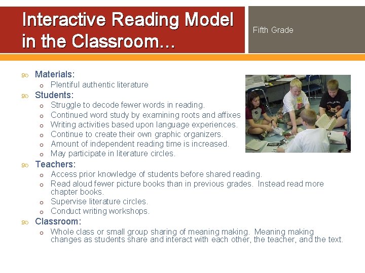 Interactive Reading Model in the Classroom… Fifth Grade Materials: o Plentiful authentic literature Students: