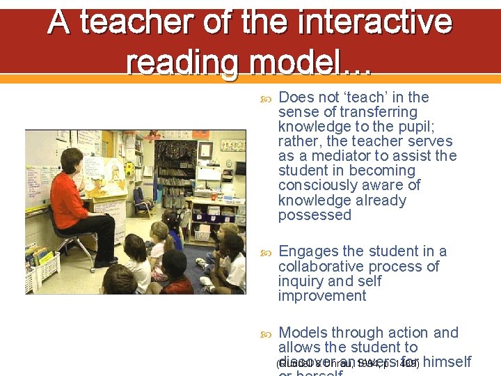 A teacher of the interactive reading model… Does not ‘teach’ in the sense of