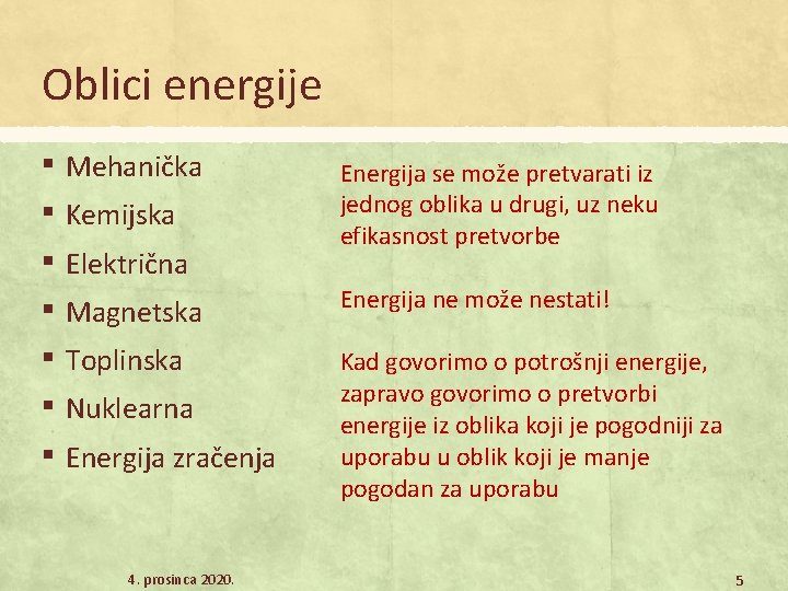 Oblici energije ▪ Mehanička ▪ Kemijska ▪ Električna ▪ Magnetska ▪ Toplinska ▪ Nuklearna