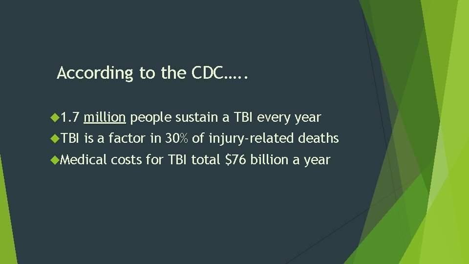 According to the CDC…. . 1. 7 million people sustain a TBI every year