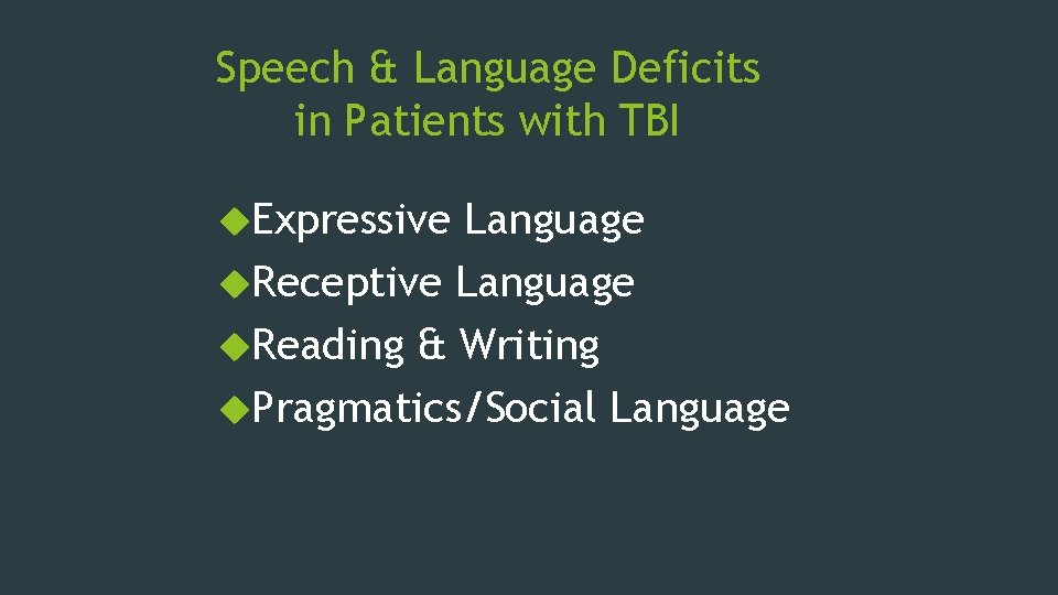 Speech & Language Deficits in Patients with TBI Expressive Language Receptive Language Reading &