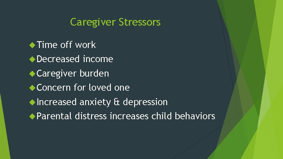 Caregiver Stressors Time off work Decreased Caregiver Concern burden for loved one Increased Parental