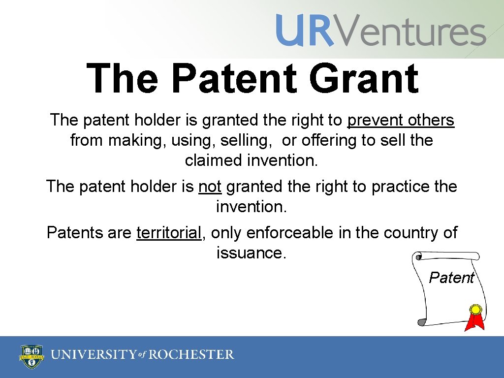 The Patent Grant The patent holder is granted the right to prevent others from