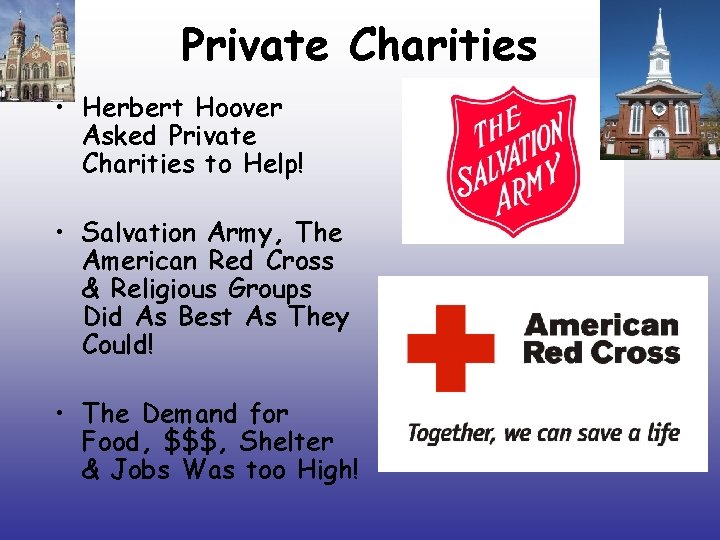 Private Charities • Herbert Hoover Asked Private Charities to Help! • Salvation Army, The