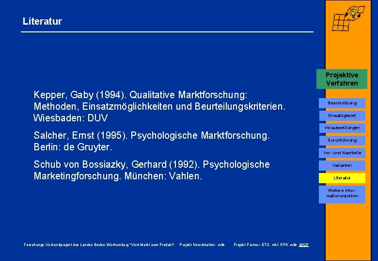Literatur Projektive Verfahren Kepper, Gaby (1994). Qualitative Marktforschung: Methoden, Einsatzmöglichkeiten und Beurteilungskriterien. Wiesbaden: DUV
