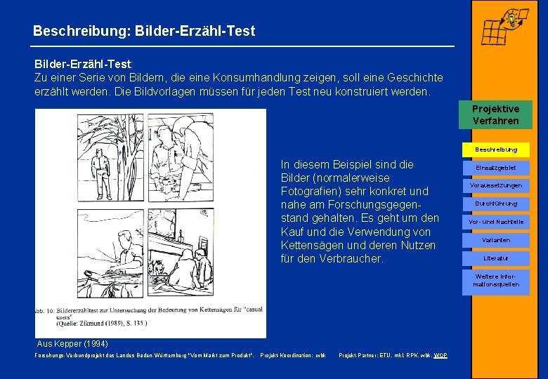 Beschreibung: Bilder-Erzähl-Test: Zu einer Serie von Bildern, die eine Konsumhandlung zeigen, soll eine Geschichte