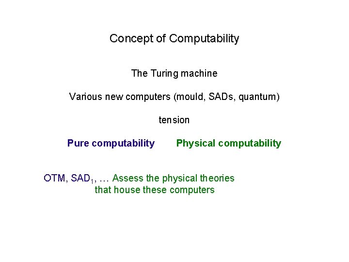 Concept of Computability The Turing machine Various new computers (mould, SADs, quantum) tension Pure