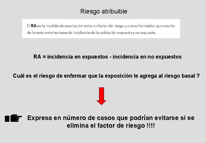 Riesgo atribuible RA = incidencia en expuestos - incidencia en no expuestos Cuál es