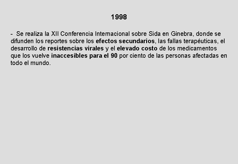 1998 - Se realiza la XII Conferencia Internacional sobre Sida en Ginebra, donde se