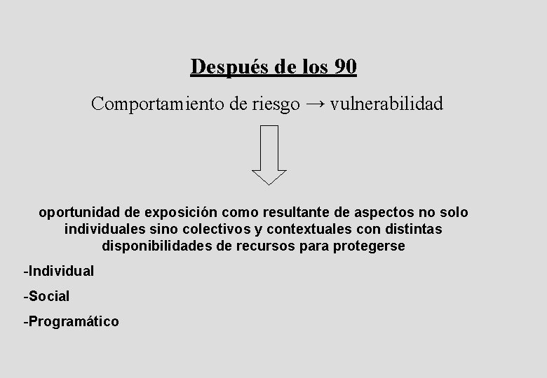 Después de los 90 Comportamiento de riesgo → vulnerabilidad oportunidad de exposición como resultante