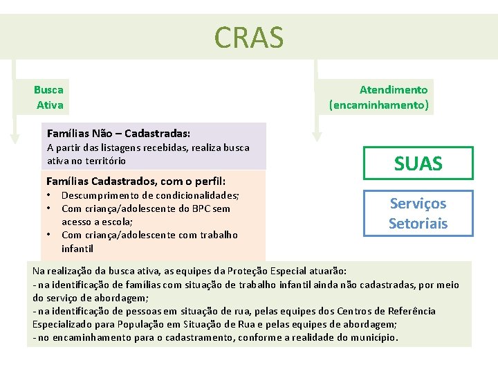 CRAS Busca Ativa Atendimento (encaminhamento) Famílias Não – Cadastradas: A partir das listagens recebidas,