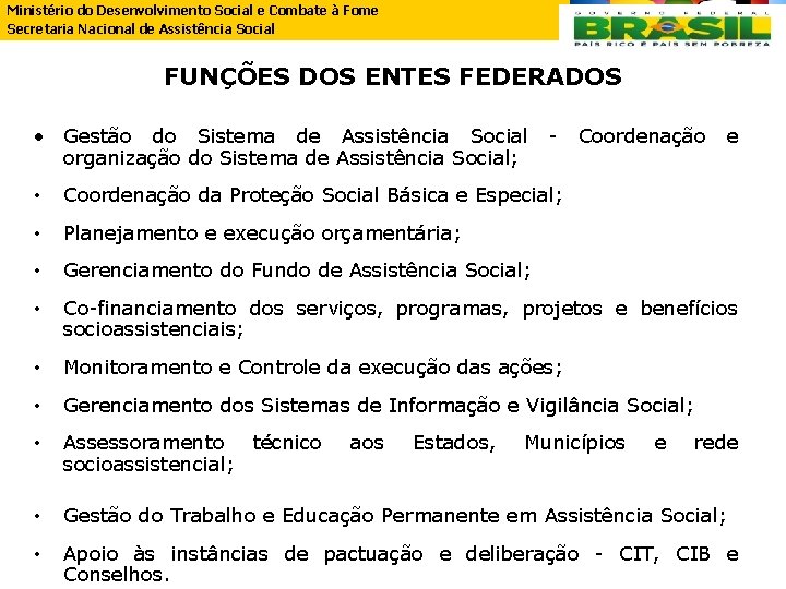 Ministério do Desenvolvimento Social e Combate à Fome Secretaria Nacional de Assistência Social FUNÇÕES Ministério do Desenvolvimento Social e Combate à Fome Secretaria Nacional de Assistência Social FUNÇÕES