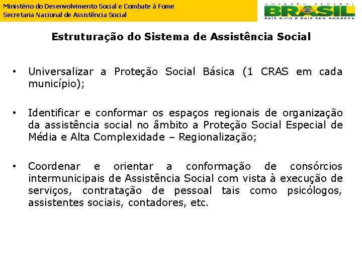 Ministério do Desenvolvimento Social e Combate à Fome Secretaria Nacional de Assistência Social Estruturação