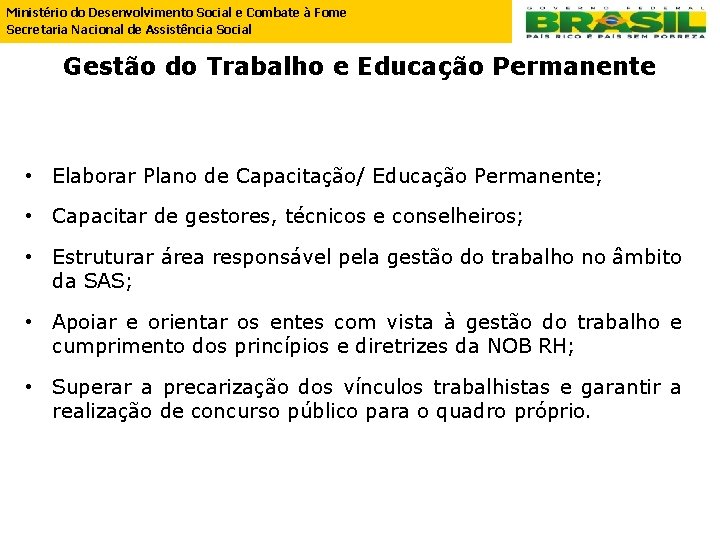 Ministério do Desenvolvimento Social e Combate à Fome Secretaria Nacional de Assistência Social Gestão