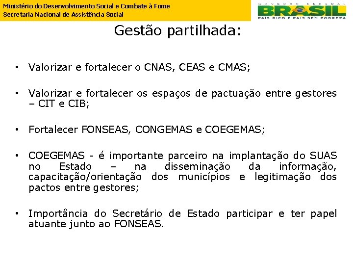 Ministério do Desenvolvimento Social e Combate à Fome Secretaria Nacional de Assistência Social Gestão