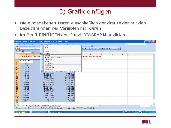3) Grafik einfügen • Die eingegebenen Daten einschließlich der drei Felder mit den Bezeichnungen