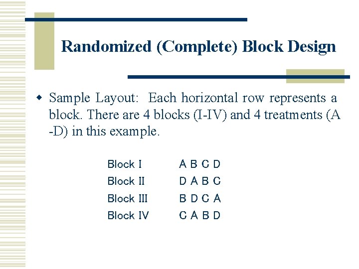 Randomized (Complete) Block Design w Sample Layout: Each horizontal row represents a block. There