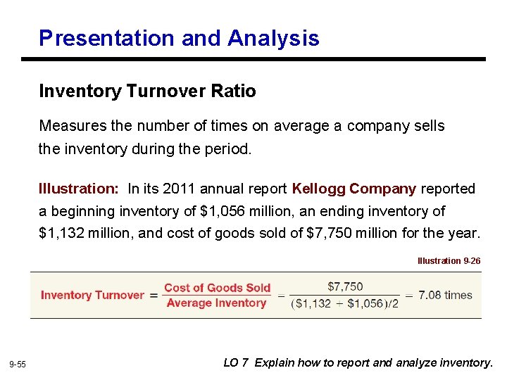 Presentation and Analysis Inventory Turnover Ratio Measures the number of times on average a