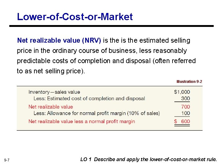 Lower-of-Cost-or-Market Net realizable value (NRV) is the estimated selling price in the ordinary course