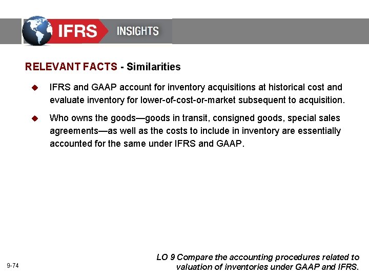 RELEVANT FACTS - Similarities 9 -74 u IFRS and GAAP account for inventory acquisitions