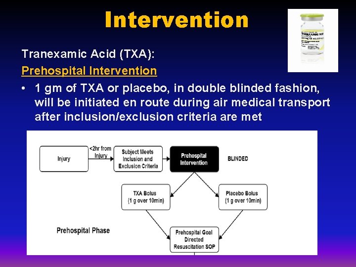 Intervention Tranexamic Acid (TXA): Prehospital Intervention • 1 gm of TXA or placebo, in Intervention Tranexamic Acid (TXA): Prehospital Intervention • 1 gm of TXA or placebo, in