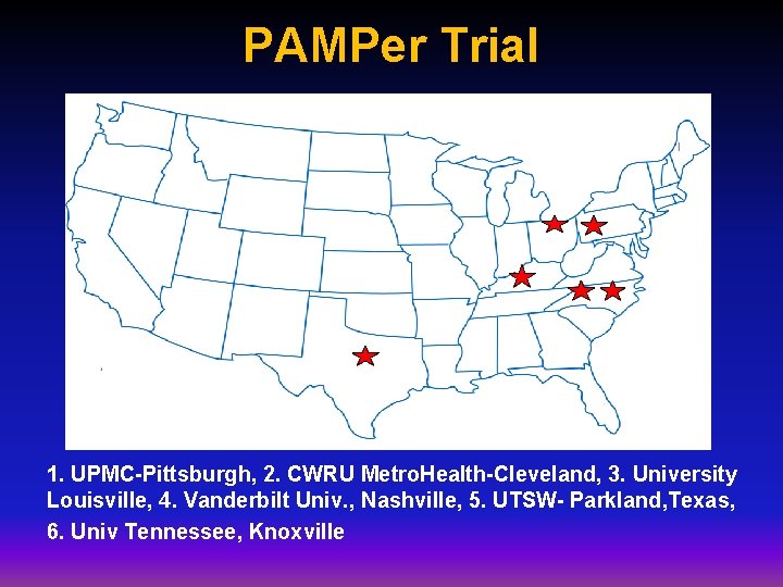 PAMPer Trial 1. UPMC-Pittsburgh, 2. CWRU Metro. Health-Cleveland, 3. University Louisville, 4. Vanderbilt Univ. PAMPer Trial 1. UPMC-Pittsburgh, 2. CWRU Metro. Health-Cleveland, 3. University Louisville, 4. Vanderbilt Univ.