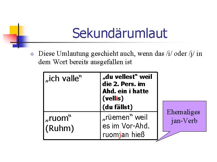 Sekundärumlaut v Diese Umlautung geschieht auch, wenn das /i/ oder /j/ in dem Wort